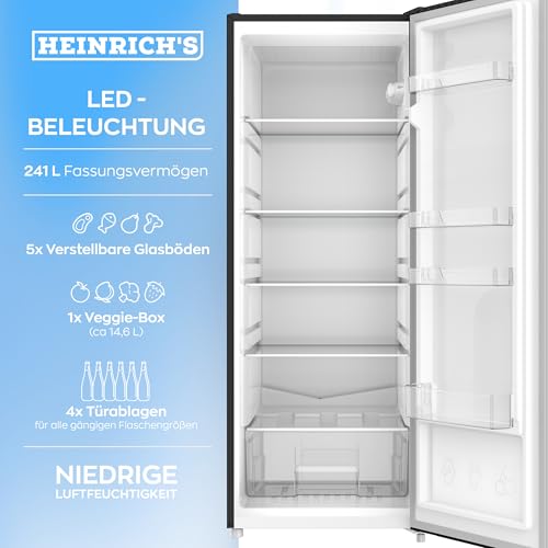 Heinrich´s freistehender Kühlschrank 241L, Vollraumkühlschrank, LED-Beleuchtung, Standkühlschrank mit 5 Glasablagen + 1Gemüsefach +4 Türablagen, Türanschlag wechselbar, leise 39dB, Schwarz