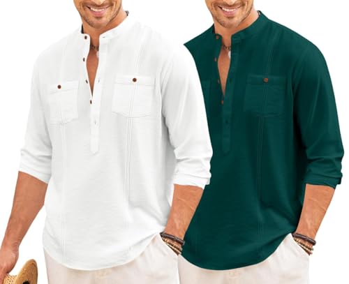 Image of Macsivo Combo of Men's Regular Fit Cotton Blend Solid Casual Short Kurta with Mandarin Collar and Pockets Kurta Pack of 2