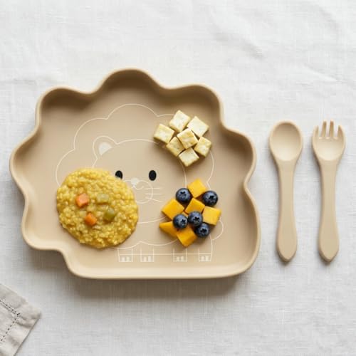 Image of TIGGY & BONNET Lion 2 Pcs Silicone Baby Feeding Set for Baby Bpa-Free | Microwave Safe, Anti-Slip Base | Tableware Kit for Babies & Toddlers with Suction Plate & Spoon