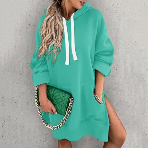 Robe pull à capuche avec poche unie, le tricot confortable mi-long