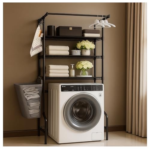 The Storage Rack Above The Washing Machine, Dryer, and Refrigerator has Been Widened in Width. There are Laundry Bags and Drying Pockets. Adjustable Height Laundry Room Shelves Organizer(Black)