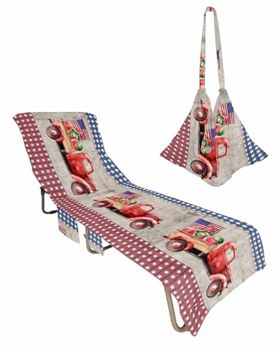 4th of July Beach Lounge Chair Towel Cover, Soft Chaise Lounge Towel with Side Pockets Patio Pool Chairs Cover for Beach/Pool Sunbathing 29x85 Blue Red Plaid Truck Summer Watermelon