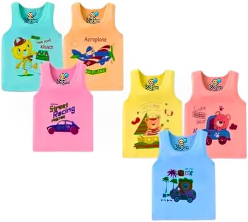 Unisex New Born Baby Infant Kids Printed Cotton Sleeveless Sando Baniyan Vest Pack of 6 (0-3 Months) Multicolour