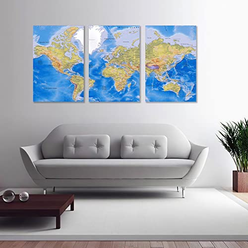 Blue World Map Wall Art Canvas Decor Poster For Office, Living Room, Home Bedroom Decoration 16"X24"X3 Pcs Framed #TOP3