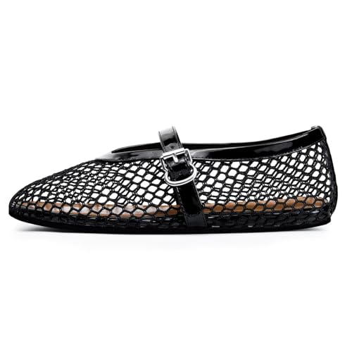 Mesh Ballet Flats for Women Round Toe Fishnet Ballerina Flats Buckle Strap Casual Comfortable Office Mary Jane Flat Shoes