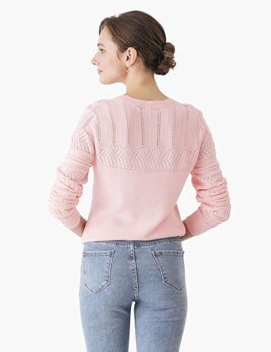 Cable Stitch Women's Pointelle Sleeve Lightweight Sweater - Long Sleeve Crewneck Lace Pullover Top2