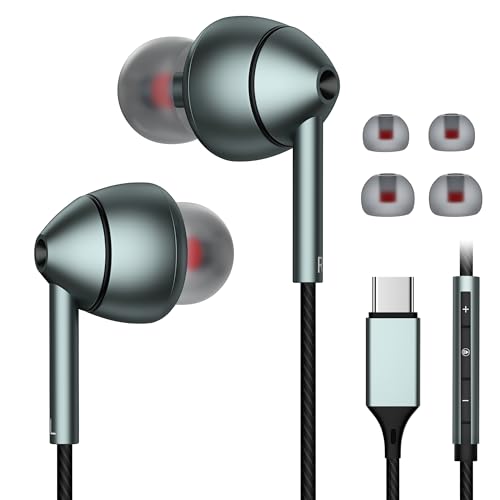 USB-C Wired Earbuds with Microphone, Volume Control, Noise Canceling, Compatible with Samsung Galaxy...