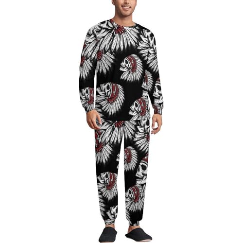 USA Indian Chief Skull Men’s Pajama Set Long Sleeve Top And Pants Loungewear Sleepwear Pjs Nightwear