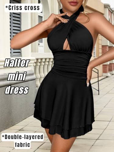 Womens Sexy Mini Backless Dress, Party Club Cocktail Outfits, Criss Cross Halter Cut Out Short Dresses2