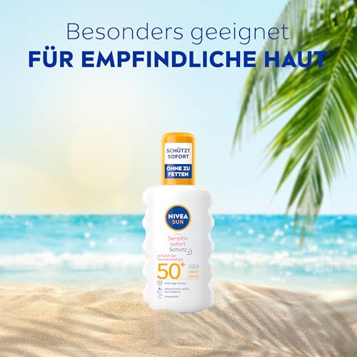 NIVEA SUN Sensitiv Sofort Schutz Sonnenspray LSF 50+, Sonnenmilch mit LSF 50+ für empfindliche Haut, wasserfester & duftfreier Sonnenschutz bei Sonnenallergie (200 ml) 3
