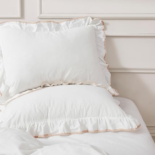 Image of Lush Decor - Duvet Cover Set, 3-Piece Cotton Bedding with Matching Shams, Contrast Edge & Stylish Border (Reyna Off-White /Neutral, Full /Queen)