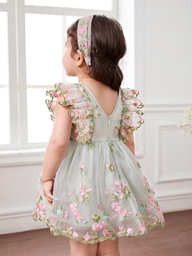 Image of Tagas Girls' Knee-Length Dress|Elegant Floral Embroidered Baby Girl Party Dress with Bow|Soft Net Layered Frock for Birthday, Wedding & Festive Occasions|Comfortable & Stylish