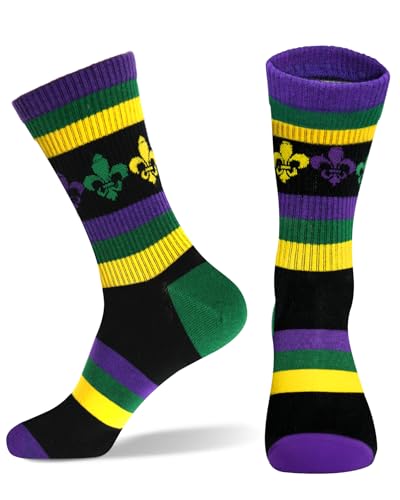Ronglry Mardi Gras Socks for Women Fleur de Lis Novelty Crew Socks Mardi Gras Outfit Accessories for Men Women Carnival Party Accessories Purple Yellow Green Sock Gifts-Carnival