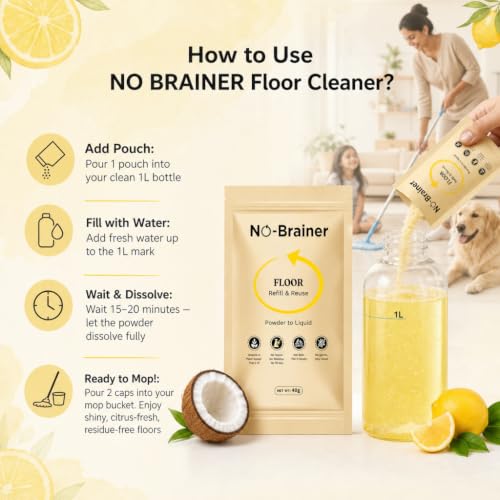 Image of No Brainer Floor Cleaner Refill, Plant-Based & Natural | Powder-to-Liquid, 1 Pouch Makes 1 Litre, Citrus | For Marble, Tiles & Wooden Floors | Eco-Friendly, No Residue, Baby & Pet Safe
