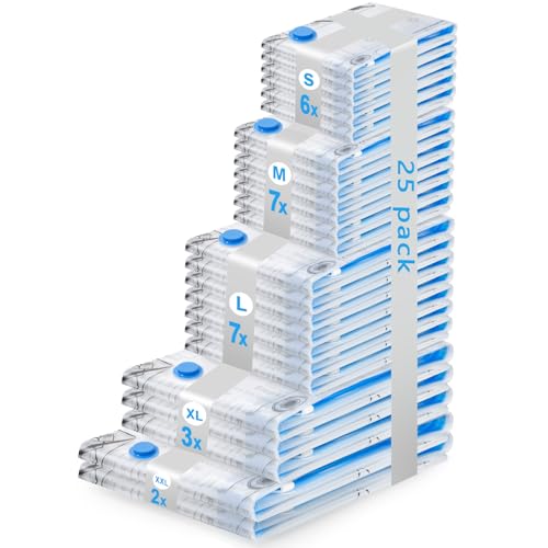 BoxLegend 25 Piezas Bolsas Vacio Ropa, Bolsa de Vacio Para Ropa 2 Jumbo + 3 Extra Grandes + 7 Grandes + 7 Medianas + 6 Pequeñas Perfectas Para Viajes Cama Almohadas Mantas Sábanas Edredones