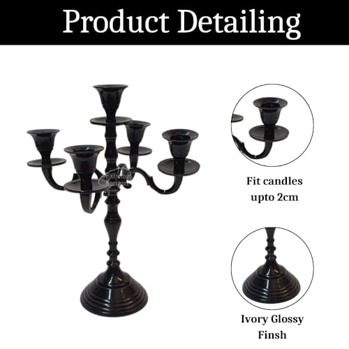 Image of 5 Arm Black Metal Candelabra Candle Stand | 12 Inch Tall Decorative Candlestick Holder for Dining Table, Living Room, Wedding & Home Decor (Black)