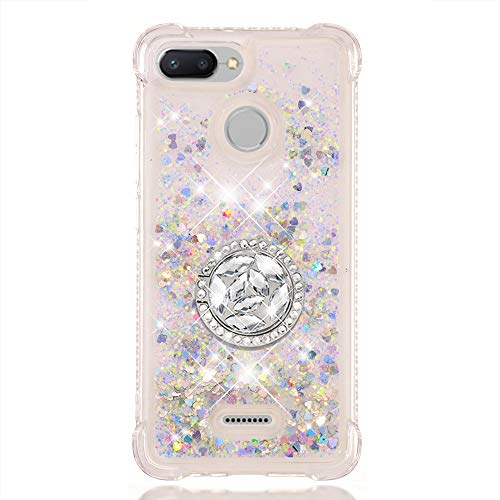 FAWUMAN Heart-shaped Liquid Sparkly Quicksand TPU Gel Silicone Shockproof Phone Cover [ Diamond Colorful Ring ] Cases for Xiaomi Redmi 6 / Redmi 6A (Silver)