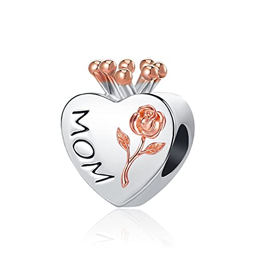 Image of Flower Mom Charm Rose Gold Crown I Love You Forever Mother Heart Charms for Pandora Bracelet & Necklace