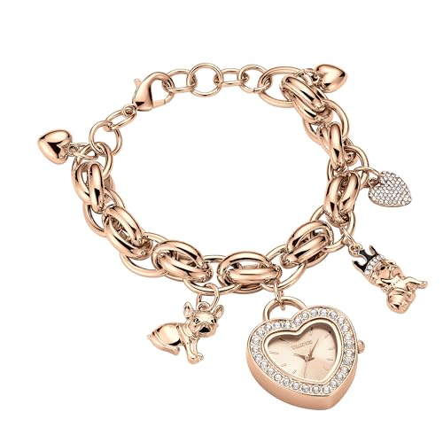 TIME100 Montre Bracelet pour Femme avec Cadran en Forme de cœur et Breloques décoratives, boîte Cadeau Incluse, Rose Gold