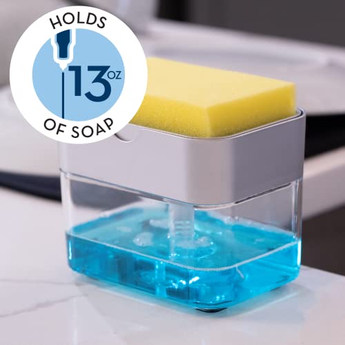 S&T Inc. Dish Soap Dispenser And Sponge Holder For Kitchen Sink With Enhanced Features, Sponge Included, 13 Ounces, Silver #TOP3