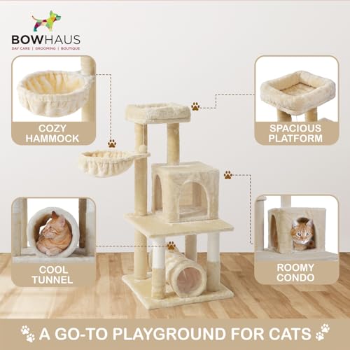 Image of BOWHAUS Tall Cat Tree for Indoor Large Cats or Kittens, Multi-Level Cat Activity Tree with Scratching Posts, Hammock, Cat Cave Condo, Modern Cute Small Cat Climbing Tower with Widened Perch