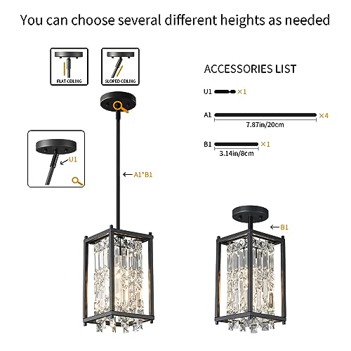 Image of LMQNINE Modern Black Pendant Light Fixtures for Kitchen Island, Crystal Chandelier Lights Fixture, Adjustable Farmhouse Pendant Lighting for Dining Room Bedroom (Square 1-Light)