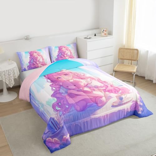Image of Erosebridal 3D Anime Girl Comforter Set King, Japanese Girl Romance Love Bedding Cartoon Anime Gifts Bedding Comforter Sets, Rabbit Lovers Gifts - 1 Comforter 2 Pillow Cases