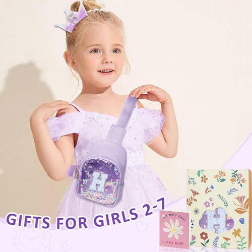 Image of COSHAYSOO Purple Birthday Christmas Basket Stuffers Valentines Day Gifts for Toddler Girls, Little Girl Purse 2 3 4 5 6 7 Year Old Kids Sling Bag Initial Crossbody Pouch Initial Letter H