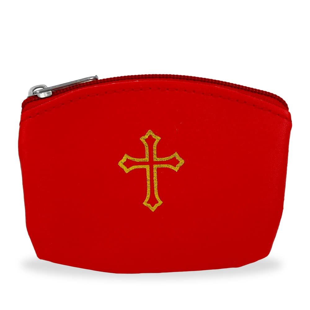 Red Rosary Pouch with Zipper &amp; Gold St. Thomas Cross Imprint | Compact Leatherette Rosary Case for Small to Medium Rosaries | Protective Travel Rosary Holder for Men &amp; Women
