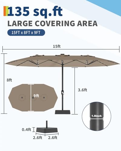 15FT Large Patio Umbrella with Base and Solar Lights, Double-Sided Rectangle Umbrella Oversized Shade for 8-10 People,36 LED Lights and Weighted Base for Pool, Deck, Backyard