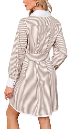 Image of YEXPINE Womens Striped Shirt Dress Long Sleeve Button Down V Neck Mini Tunic Dress Belted Workwear Dresses with Pockets