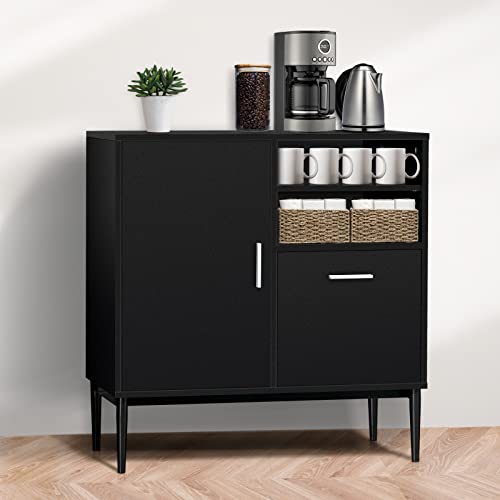 Vrullu Modern Storage Cabinet, Free Standing Buffet Cabinet With Raised Drawer, Black Sideboard And Buffet Storage, Wood Accent Cabinet For Kitchen, Dining Room, Home Office, Hallway, Entryway #TOP25