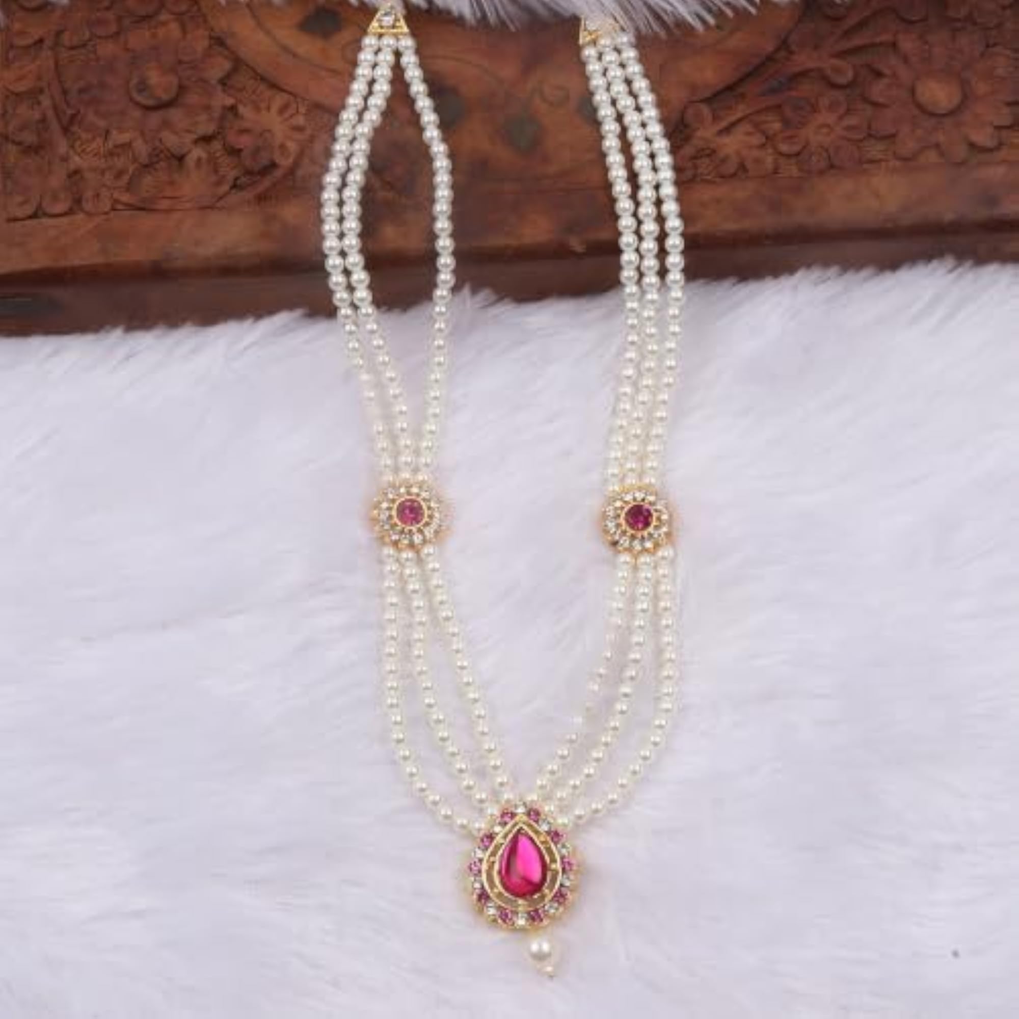 Three Layer Pearl Mala Necklace with Pink Stone Pendant