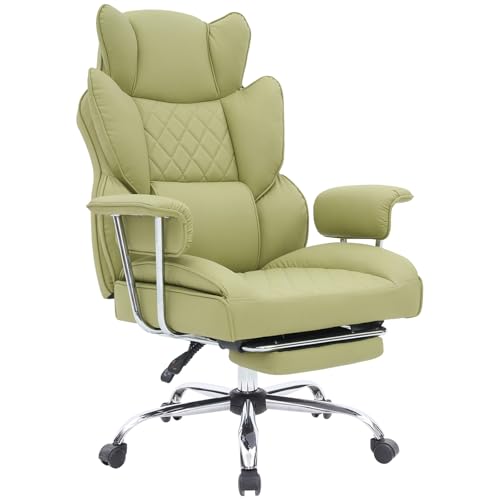 SJGUOJI Executive Office Chair with Footrest, Ergonomic High Back Desk Chair with Lumbar Support, Reclining Leather Chair with Padded Armrest and Wheels for Home Office, Light Green