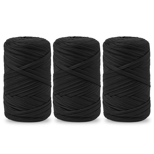 Vincona 3x300g T-Shirt Yarn T Shirt Elastic Fabric for Crocheting Knitting for Crocheted Bags Baskets Wall Hangings Home Decoration DIY Crafts Jet Black 04