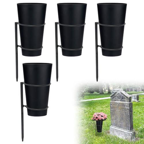 Metal Grave Vase Flower Holder with Spikes Metal Cemetery Vase Flower Holder in ground Decoration with Floral Foam Black for Memorial Markers, Graveside Decor Sign for Outdoor Yard Lawn (4)