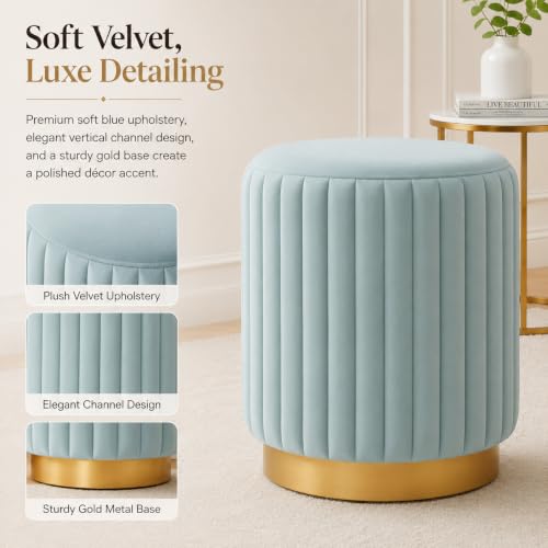 Image of Designer Velvet Round Footstool Ottoman with Sturdy Gold Metal Band Base for Home Decor & Extra Seating, Lightweight Pouf Stool for Sofa Side & Bedroom, 16x16x17 Inch (Aqua)