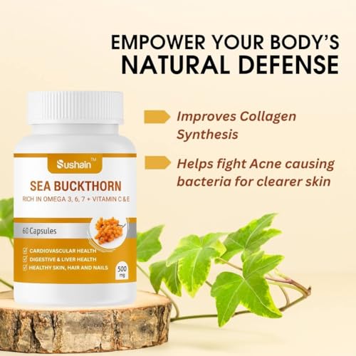 Image of Sushain Sea Buckthorn Capsules | Omega 3, Omega 6, Omega 7, Omega 9 + Natural Vitamin C | Liver, Heart & Skin Health | Immunity & Antioxidant Support | Ayurvedic Supplement