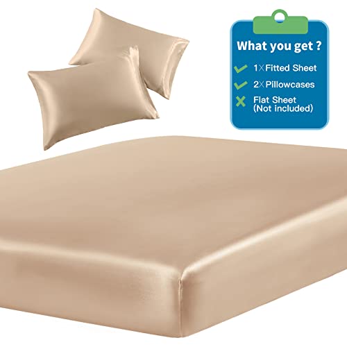 Image of SiinvdaBZX 3-Piece Set Satin King Fitted Sheet & 2 Pillowcase, Beige Silky Soft Fitted Bottom Sheet, Wrinkle Free, Fade Resistant, Deep Pocket Bed Sheet (Deep Up to 15 inch)