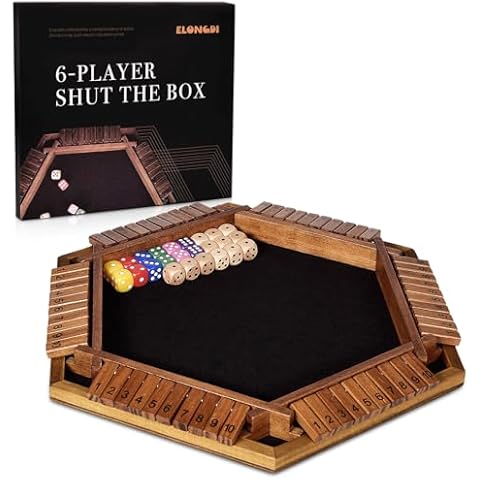 ELONGDI Upgraded 1-6 Player Shut The Box Dice Game with 12 Dice+Bonus Wooden 12 Dice, Classic Wooden Board Table Math Game for Adults,Kids/Tabletop Board Games for Classroom,Home,Party or Pub Cover
