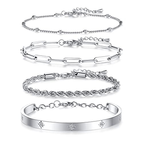 Chrishine Life Silver Bracelets For Women Stacking Stackable Paperclip Link Chain Cuff Bracelets Set Layered Bracelets Jewelry Pulseras De Mujer Birthday Valentines Mothers Day Gifts For Women #TOP19