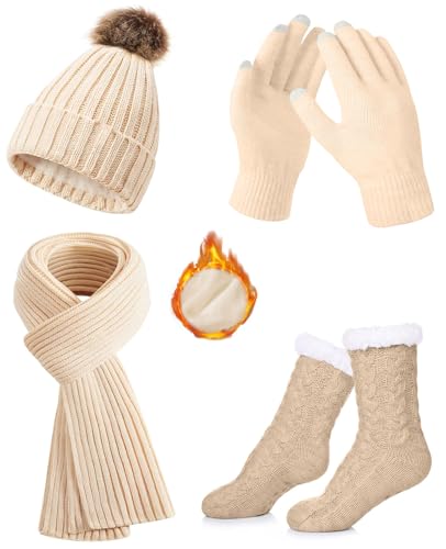 CheChury Conjunto 4-en-1 Bufanda, Gorro de Punto Con Pompón, Guantes Táctiles y Calentadores Calcetines Para Mujer - Suave y A La Moda