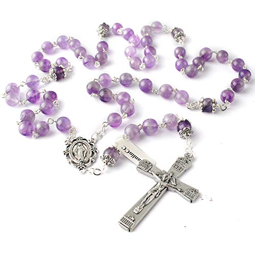 HanlinCC 8mm Natural Real Amethyst Crystal 5 Dacade Fancy Miraculous Center Piece Rosary Necklace with Anti-Silver Catholic Crucifix Pack in Leather Gift Box3