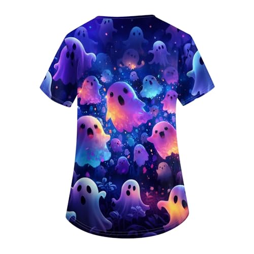 OIOLOYJM Halloween Christmas Scrub Tops Women Printed V Neck Short Sleeve Plus Size Scrubs for Womens Shirts with Pockets