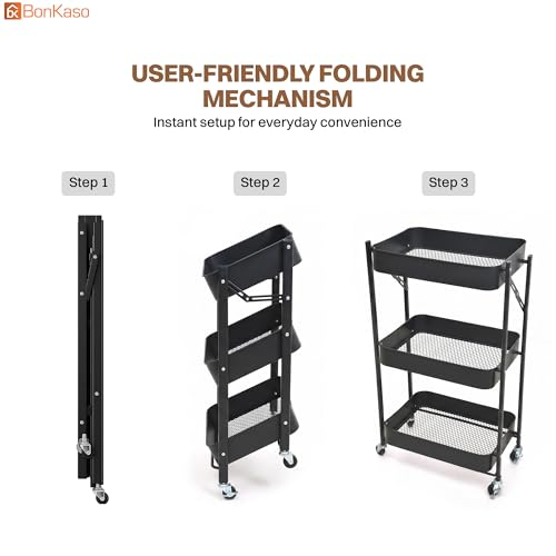Image of Bonkaso 3 Tier Foldable Utility Cart with Wheels | Heavy-Duty Metal Storage Trolley for Kitchen, Bathroom & Office | Rolling Organizer Rack with 360 Swivel Wheels | 41x30x77 cm (Black)