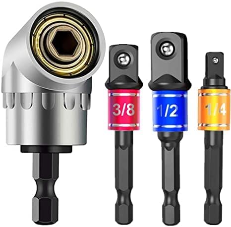 Impact Grade Power Hand Tools Driver Sockets Adapter Extension Set, 3Pcs 1/4 3/8 1/2" Hex Shank Drill Nut Driver Bit Set + 105 Degree Right Angle Driver Extension Screwdriver Drill Attachment