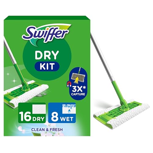 Swiffer Kit Complet Balai, 1 Balais, 16 Lingettes Sèches et 8 Lingettes Humides, Attrape Et Retient 3 Fois Plus De Poussière, Saleté Et Poils Qu’Un Balai Classique