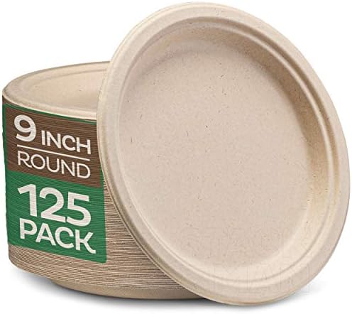 100% Compostable 9 Inch Paper Plates [125-Pack] Heavy-Dut, Natural Disposable Bagasse Plate, Eco-Friendly Made of Sugarcane Fibers - Natural Unbleached Brown 9" Biodegradable Plate by Stack Man