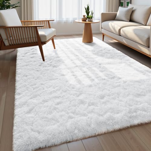 Image of Macgace Fluffy Area Rugs for Bedroom Decor Aesthetic, 5x7 White Shag Rug with Non-Slip Dots for Living Room, Fuzzy Plush Carpet Washable Rug Modern Home Decor for Kids Nursery Girls Room Office