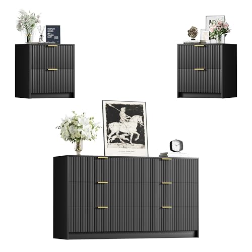 Image of Furniway 3 Piece Bedroom Set, 6 Drawer Dresser and Nightstand Set of 2 with Gold Handles, Modern Wood Chest of Drawers Storage Cabinet for Bedroom, Black